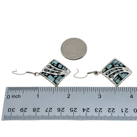 Vintage Mexico Sterling Silver 925 Dyed Blue Magnesite Inlay Dangle Earrings - Picture 5 of 6
